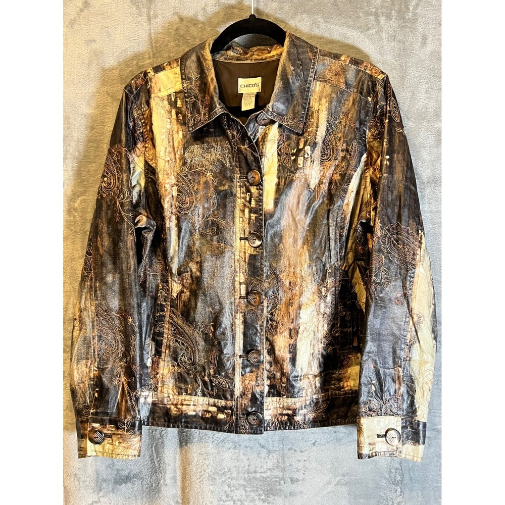 Chicos Embroidered Button Front Jacket Abstract‎ Print Women's Size 2